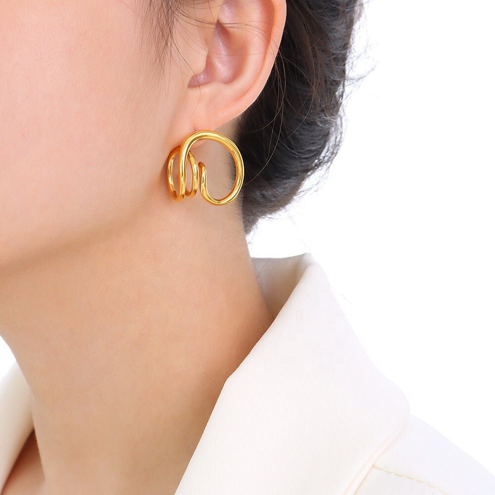 RITVA Geometric Twisted Earrings, Korean Statement Drop, Gold Dangle Jewelry, Vintage Huggie, Designer Kawaii Gift for Her, Unique Details