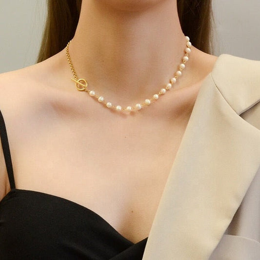 TETTA Freshwater Pearl Half Curb Chain Toggle Necklace, Gold Dainty Layered Everyday Jewelry, Vintage Unique Designer, Wedding Gift For Her