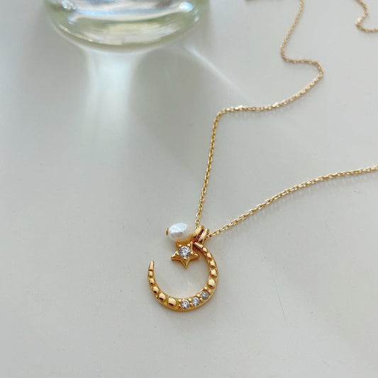 HELENA Freshwater Pearl Moon And Star Celestial Necklace, Gold Sterling Silver Chain, Layered Jewelry, Unique Designer, Wedding Gift For Her