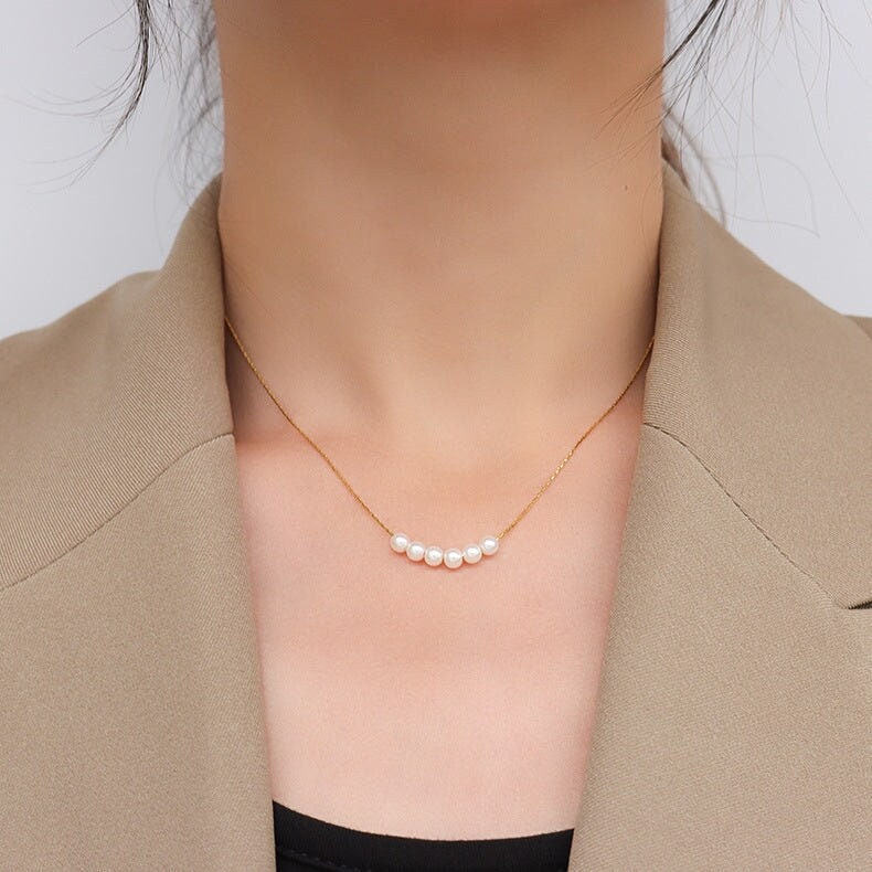 LOUHI Smile Pearl Necklace, Gold Silver Simple Thin Chain Choker, Dainty Layered Jewelry, Vintage Unique Designer, Wedding Gift For Her