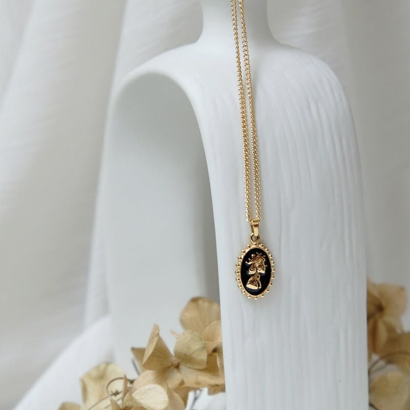 KODI Black Enamel Queen Elizabeth Charm Necklace, Gold Pendant Choker, Dainty Layered Jewelry, Vintage Unique Design, Wedding Gift For Her