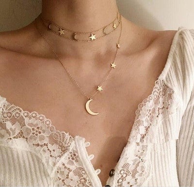 ANNIKA Moon And Star Choker Necklace Set, Gold Crescent Celestial Set, Dainty Layered Jewelry, Vintage Unique Designer, Wedding Gift For Her