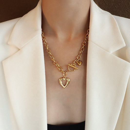 ANSA Heart Link Chain Toggle Necklace, Love Charm, Gold Chunky Choker, Dainty Layered Jewelry, Vintage Unique Designer, Wedding Gift For Her