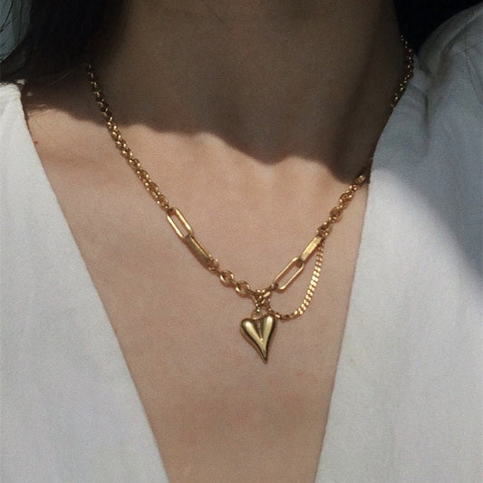 AUNE Heart Charm Paperclip Chain Necklace, Gold Link Dangle Choker, Dainty Layered Jewelry, Vintage Unique Designer, Wedding Gift For Her