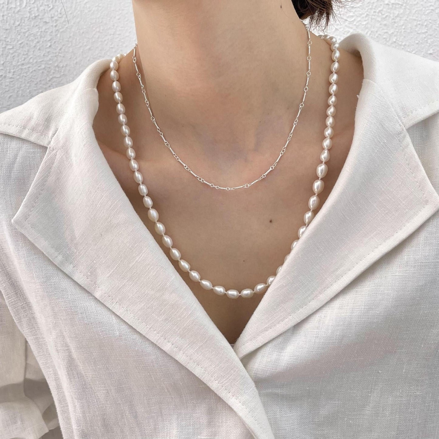 AURA Long Freshwater Pearl Necklace, Gold Natural Bead, Sterling Silver Chain Choker, Dainty Layered Jewelry, Vintage Wedding Gift For Her