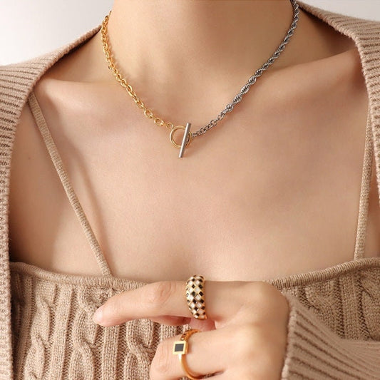 AURORA Half Link Rope Chain Toggle Necklace, Gold Silver Two Tone Choker, Dainty Layered Jewelry, Vintage Unique Design Wedding Gift For Her