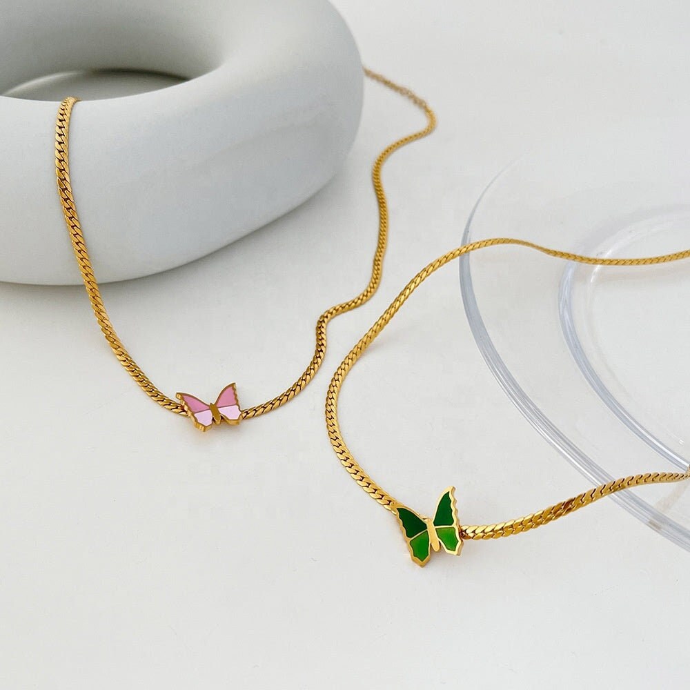 ELISE Y2K Pink Green Butterfly Necklace, Gold Snake Herringbone Choker, Dainty Layered Jewelry, Vintage Unique Design, Wedding Gift For Her