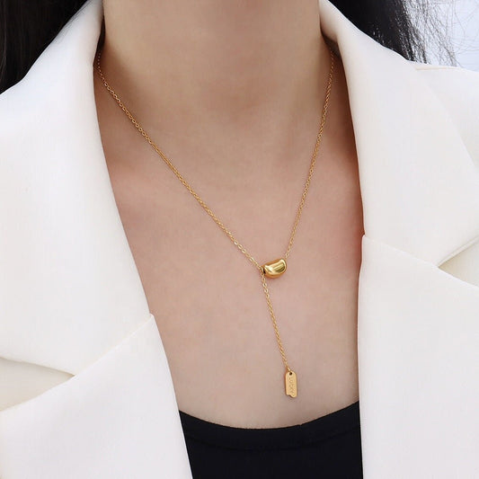 ALISA Bean Lariat Necklace, Gold Lucky Tag Dangle Drop, Simple Choker, Dainty Layered Jewelry, Vintage Unique Designer, Wedding Gift For Her