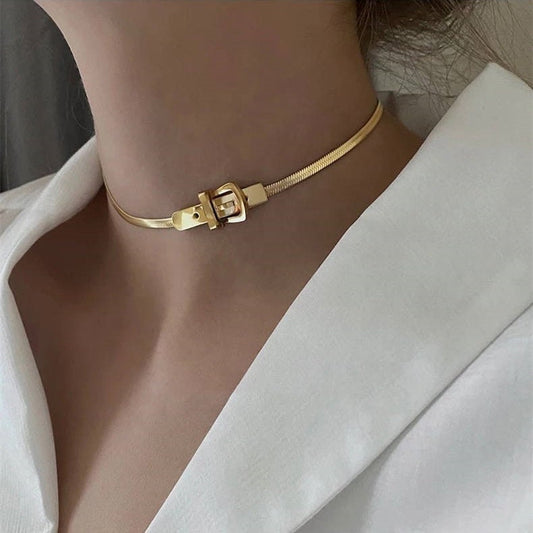 ELISA Belt Choker, Gold Silver Plain Snake Herringbone Chain Necklace, Dainty Layered Jewelry, Vintage Unique Designer, Wedding Gift For Her