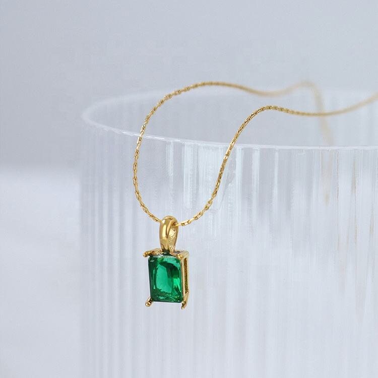 LEPPA Green Opal Charm Necklace, Gold Silver Emerald Baguette Pendant, Square Gemstone Minimalist Jewelry, Bridesmaid Wedding Gift For Her