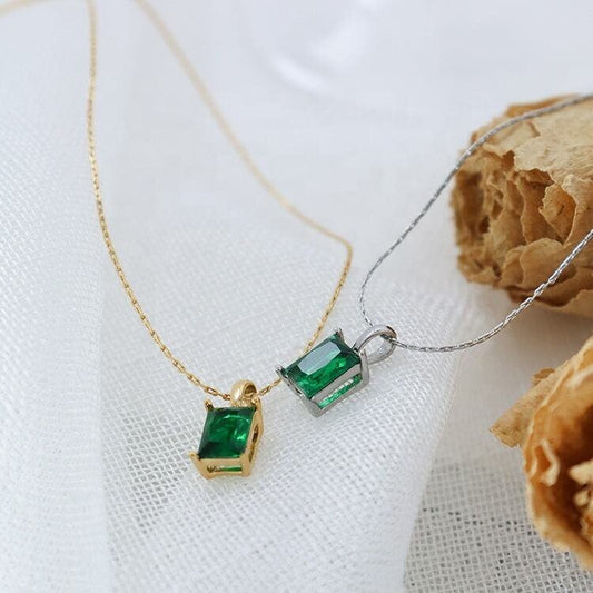 LEPPA Green Opal Charm Necklace, Gold Silver Emerald Baguette Pendant, Square Gemstone Minimalist Jewelry, Bridesmaid Wedding Gift For Her