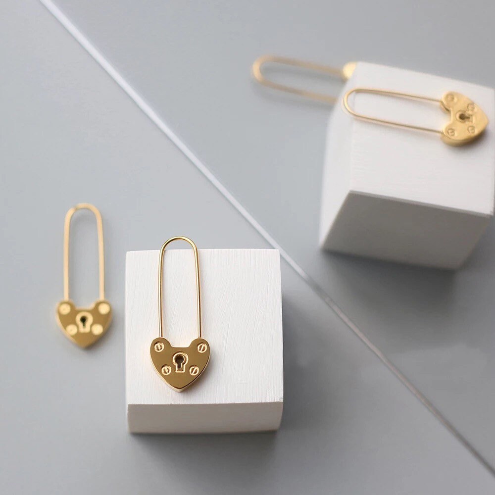 Gold Lock Earrings Padlock Earrings Heart Huggie Earrings 