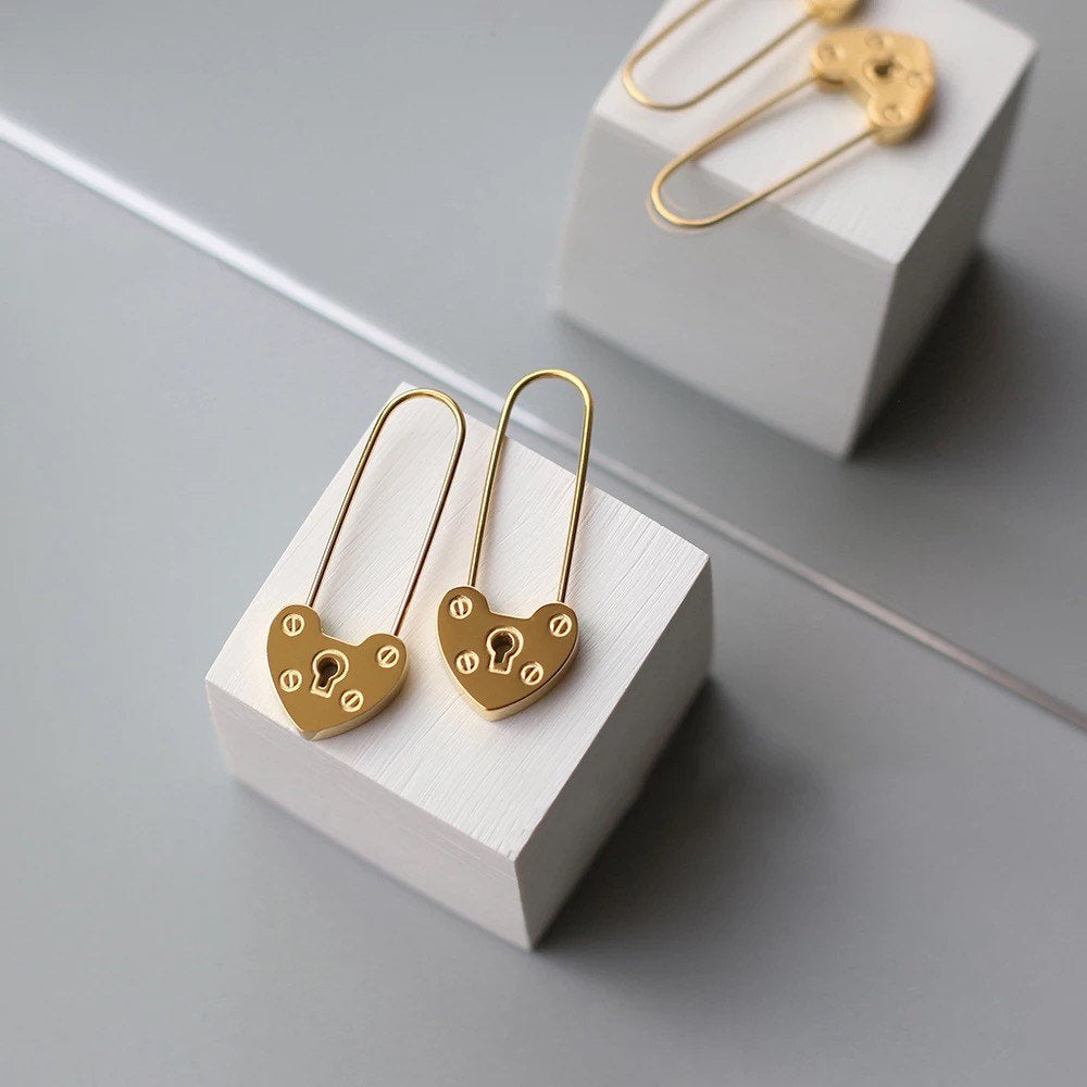 Gold Lock Earrings Padlock Earrings Heart Huggie Earrings 